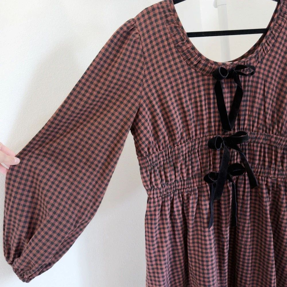 Bohme Gingham Plaid Maxi Dress Size XL Chocolate Brown Velvet Bow Peasant Boho